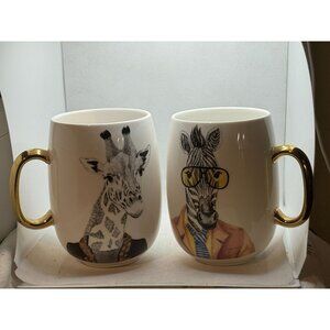 Pier 1 Book Club Giraffe Mugs Clothed Animal Gold Handled Coffee Cups  Fine Chin